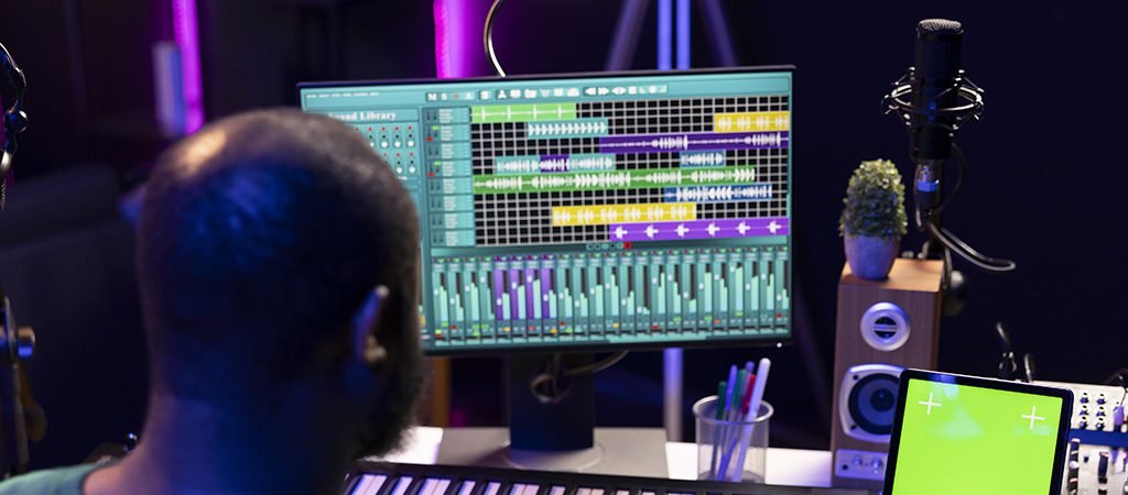 Artist producer creating new music with mix and master techniques, using a screen with copyspace layout. Skilled audio engineer editing tracks in post production, digital audio software.