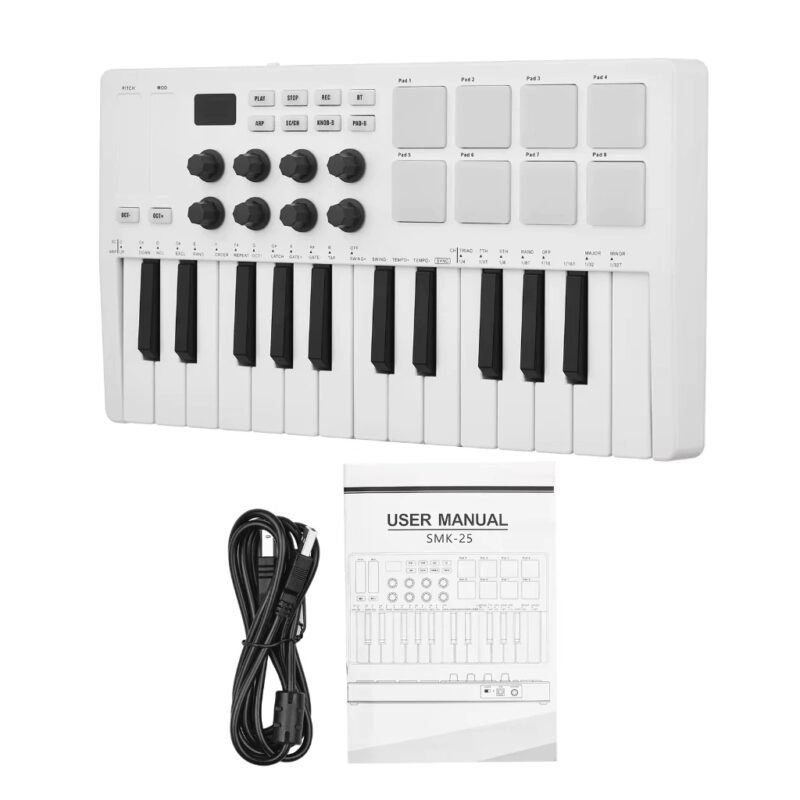M-WAVE Controlador de teclado MIDI USB de 25 teclas com 8 pads de bateria retroiluminados, 8 botões e 2 faixas tácteis