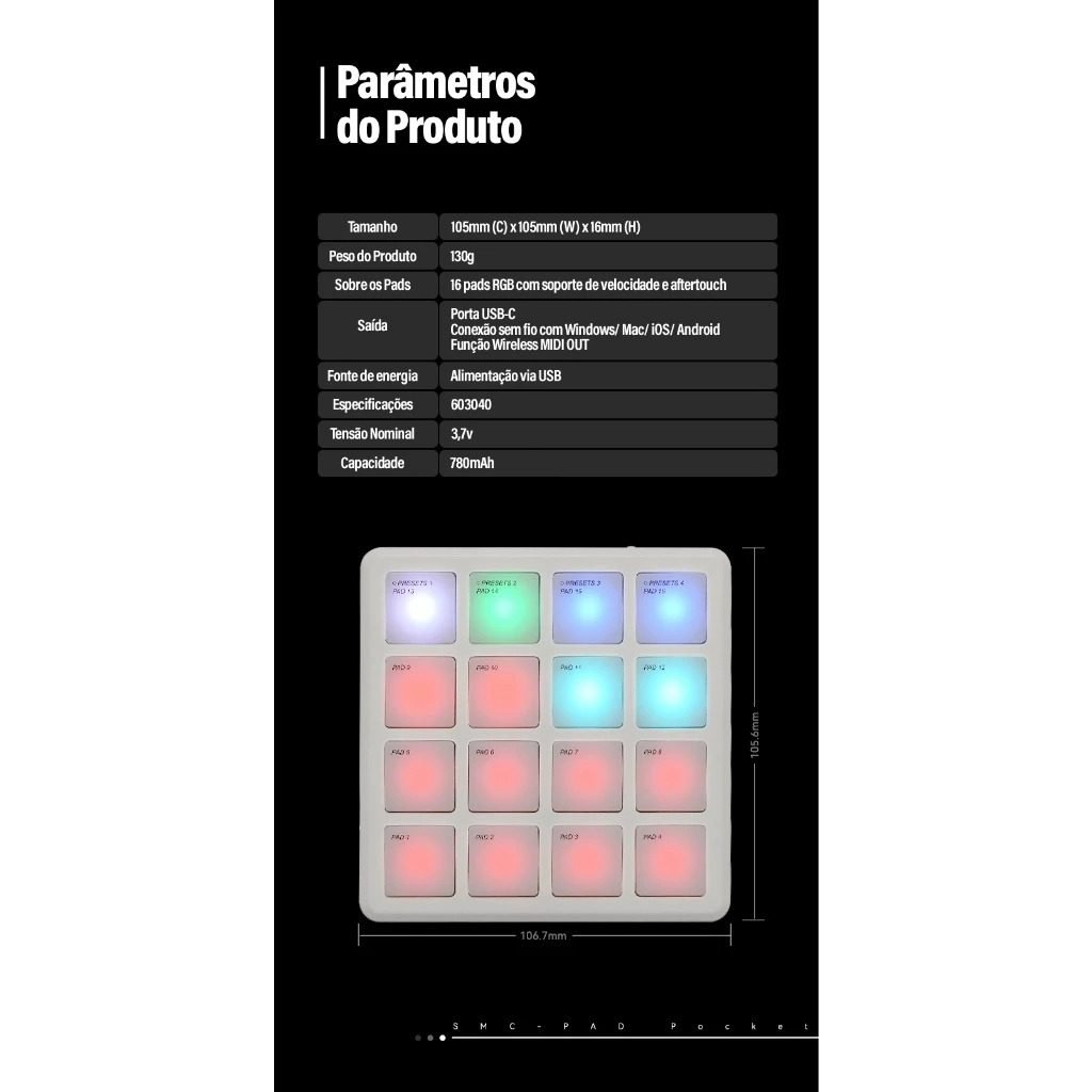 M-VAVE SK-16 SMC-PAD Pocket Pad Controlador MIDI portátil sem fio com 16 pads Teclado de percussão adequado Interface - Imagem 6